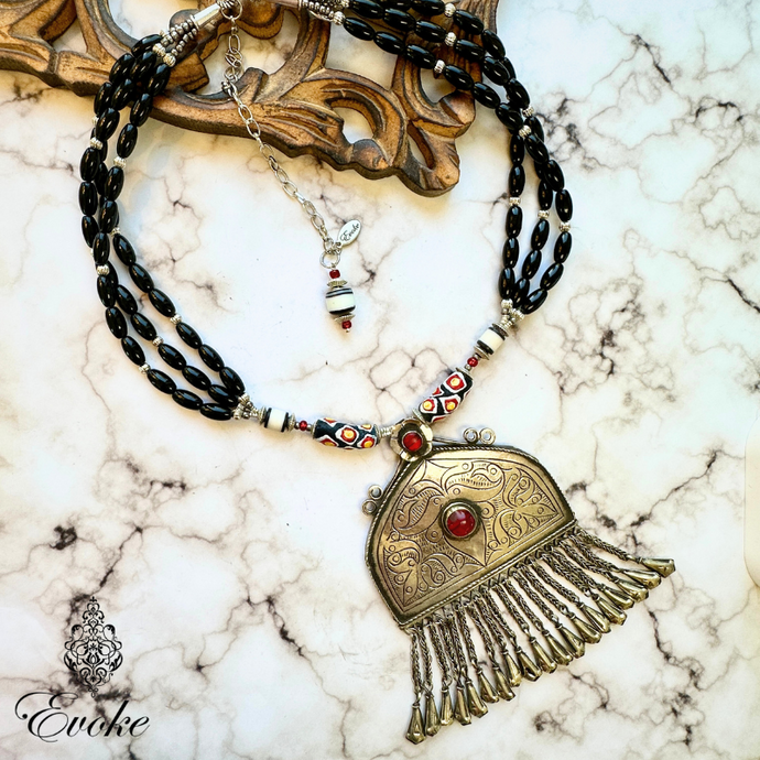 Multi Strand Statement Necklace with Turkmen Pendant