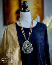 Golden Shell Pearls Necklace with Vintage Silver and Glass Pendant