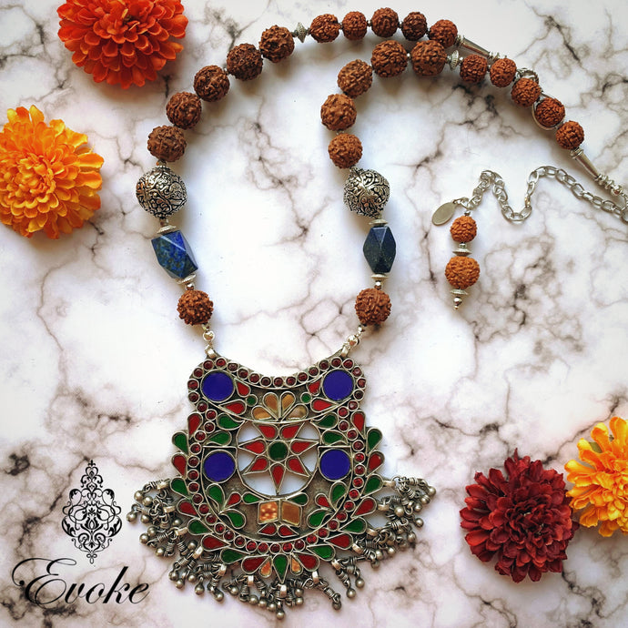 Rudraksha and Lapis Lazuli Necklace with Vintage Silver Pendant