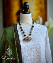 Green Banded Agate Necklace with Silver Amulet Pendant