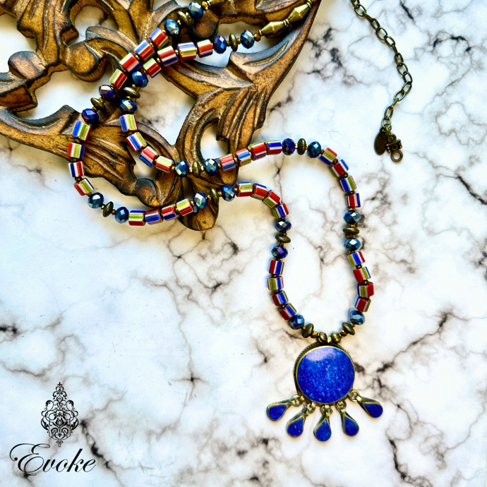 Chevron Glass Necklace with Afghani Lapis Pendant