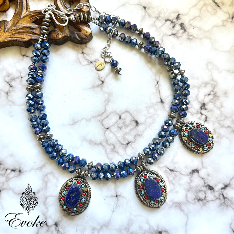 Multi Strand Czech Crystal Necklace with Uzbek Lapis Pendant