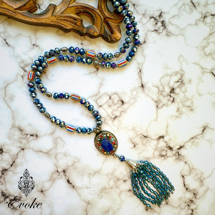 Czech Crystal Necklace with Uzbek Lapis Pendant