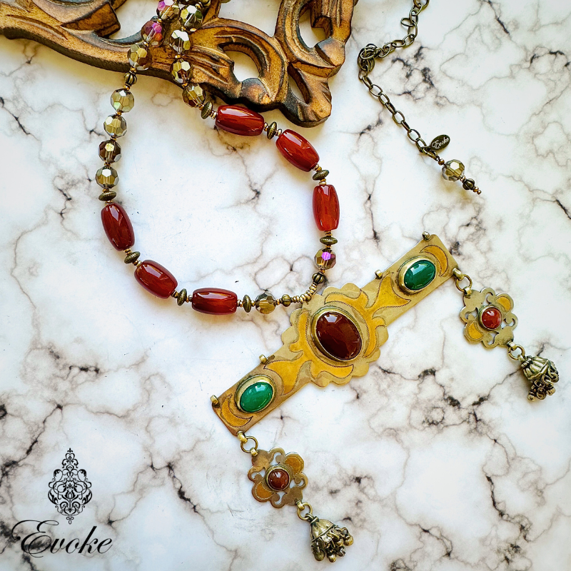 Turkmen Pendant with Carnelian & Green Onyx and Czech Glass Beads Necklace