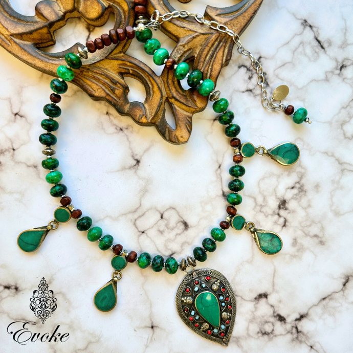 Chrysocolla Necklace with Uzbek Green Turquoise Pendant