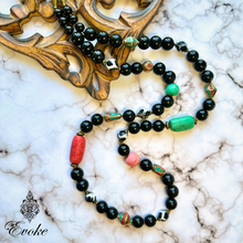 Long Necklace of Tibetan Brass, Dzi Agate and Clay beads