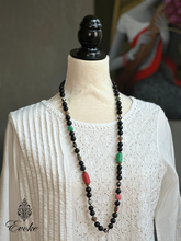 Long Necklace of Tibetan Brass, Dzi Agate and Clay beads
