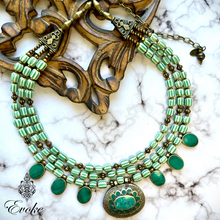 Chevron Glass Necklace with Afghan Green Turquoise Pendant