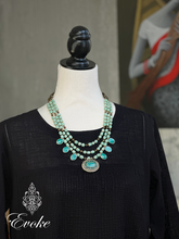 Chevron Glass Necklace with Afghan Green Turquoise Pendant