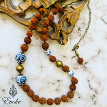Rudraksha Necklace with Vintage Chinese Porcelain and African Coin Metal Beads