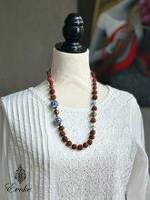Rudraksha Necklace with Vintage Chinese Porcelain and African Coin Metal Beads