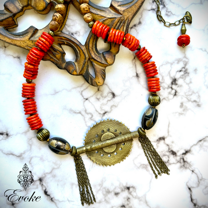Howlite Heishi and Buffalo Horn Beads Necklace with Baule Brass Shield Pendant