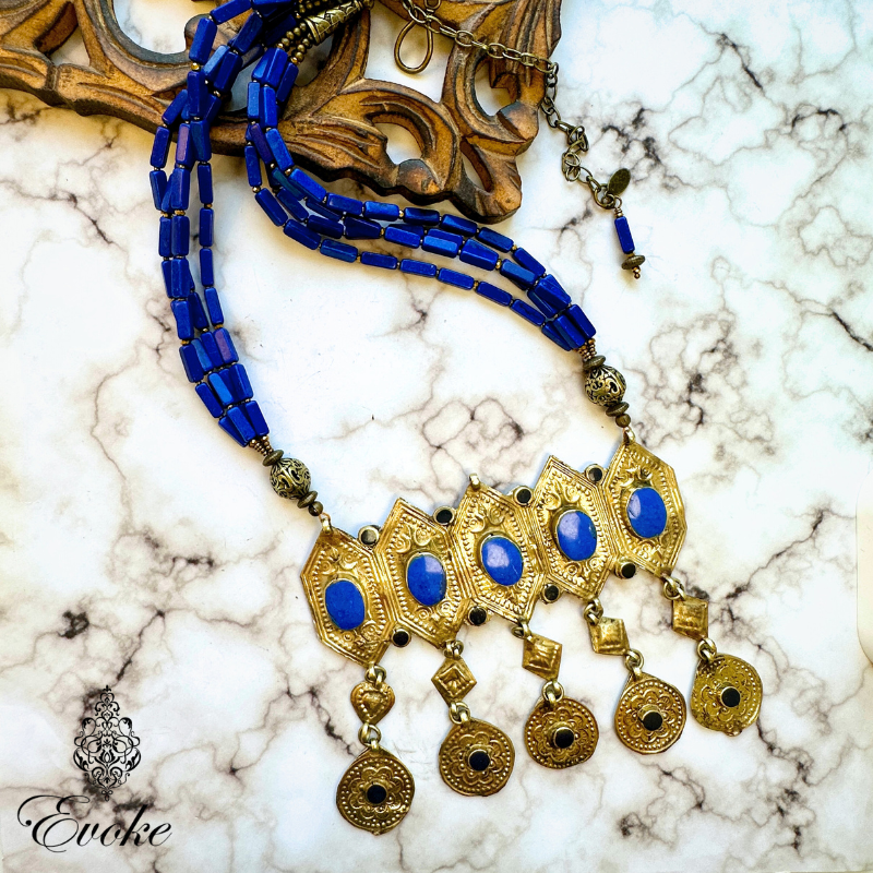 Blue Stone Necklace with Turkmen Breastplate Pendant