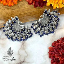 Peacock Motif Silver Earrings with Uncut Sapphires