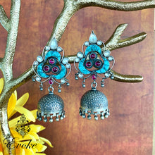 Silver Jhumkas with Turquoise and Garnet Inlaid Tops