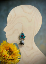 Silver Jhumkas with Turquoise and Garnet Inlaid Tops