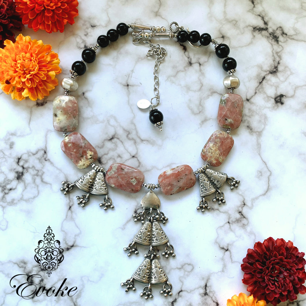 Rhodochrosite and Black Glass Necklace with Fan Shaped Silver Pendants