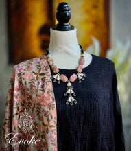 Rhodochrosite and Black Glass Necklace with Fan Shaped Silver Pendants