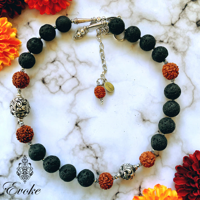 Lava Stone Necklace with Nepali Chitai Work Beads