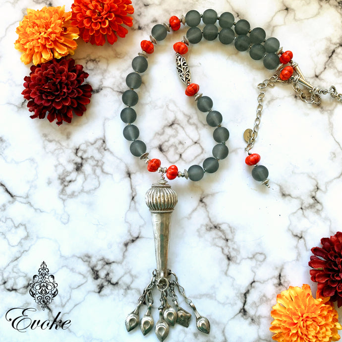 Frosted Gray Necklace with Afghani Silver Pendant