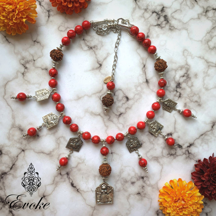 Red Turquoise Necklace with Silver Devi Pendants
