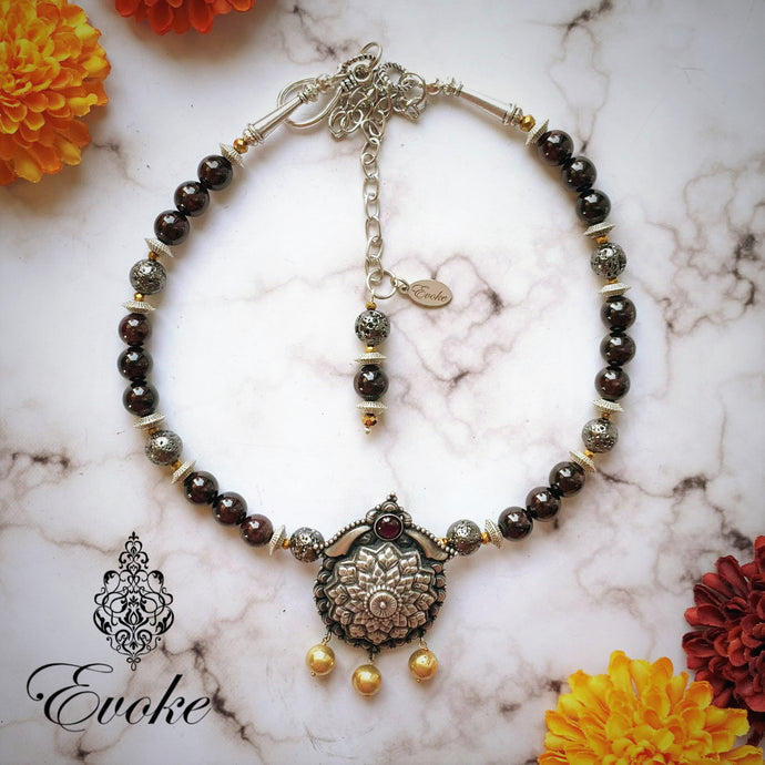 Garnet and Lava Stone choker Necklace with Two Tone silver Pendant