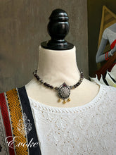 Garnet and Lava Stone choker Necklace with Two Tone silver Pendant