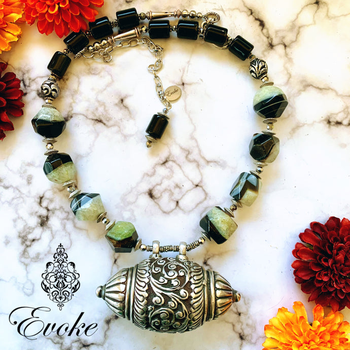 Green Banded Agate Necklace with Silver Amulet Pendant