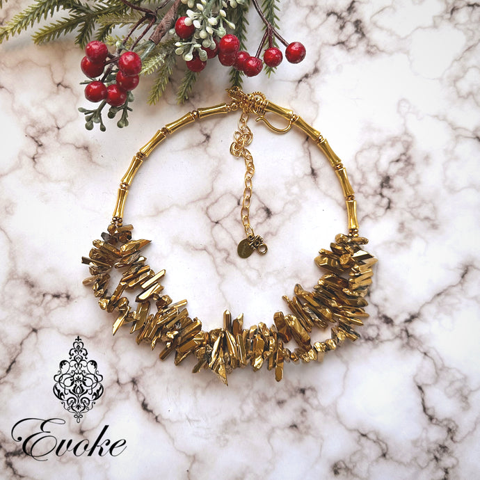Gold Quartz Crystal Spikes Choker Necklace