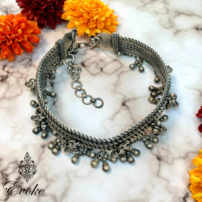 Silver Rope Choker Necklace with Bell Accents
