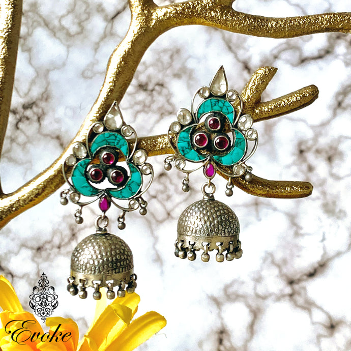 Silver Jhumkas with Turquoise and Garnet Inlaid Tops