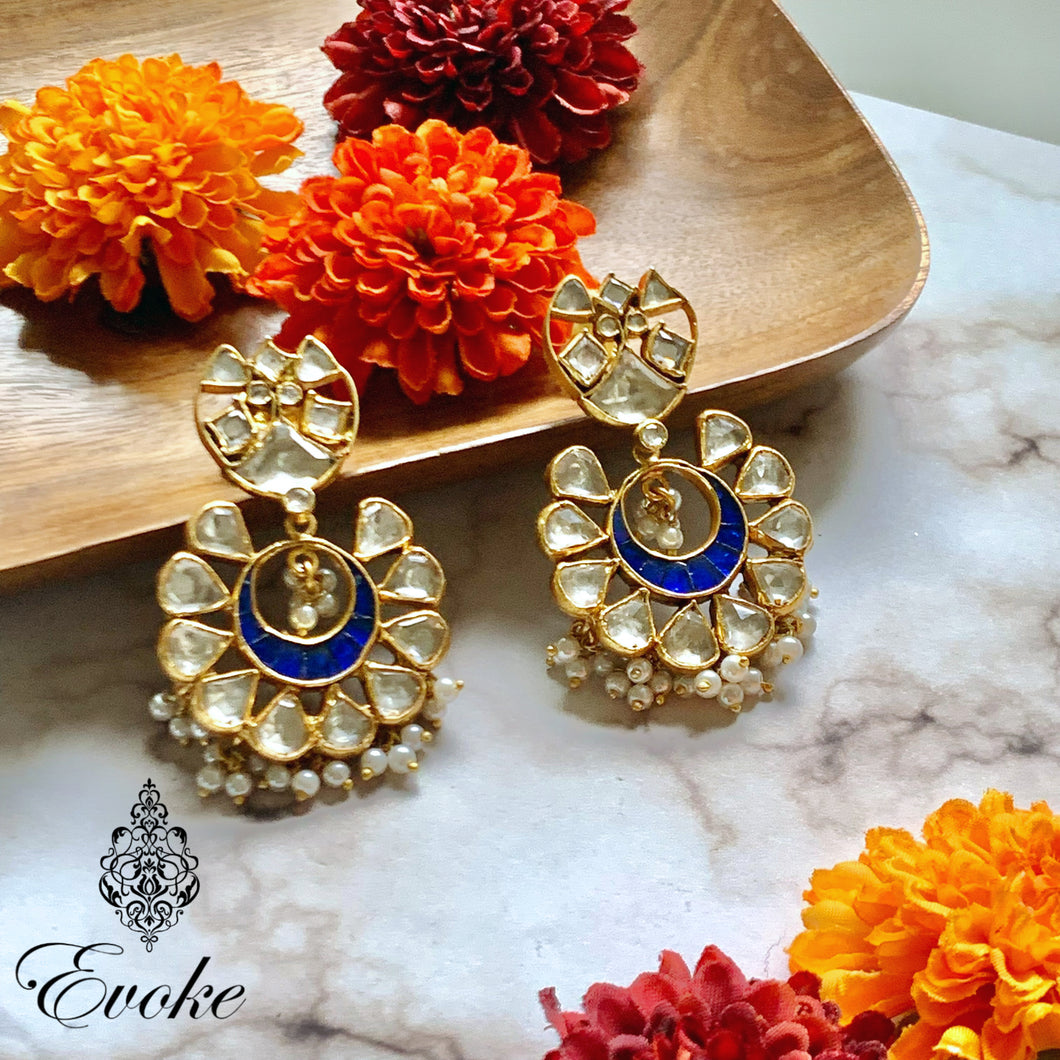 Gold Plated Blue Pearl Drop Flower Chandbaali Earring