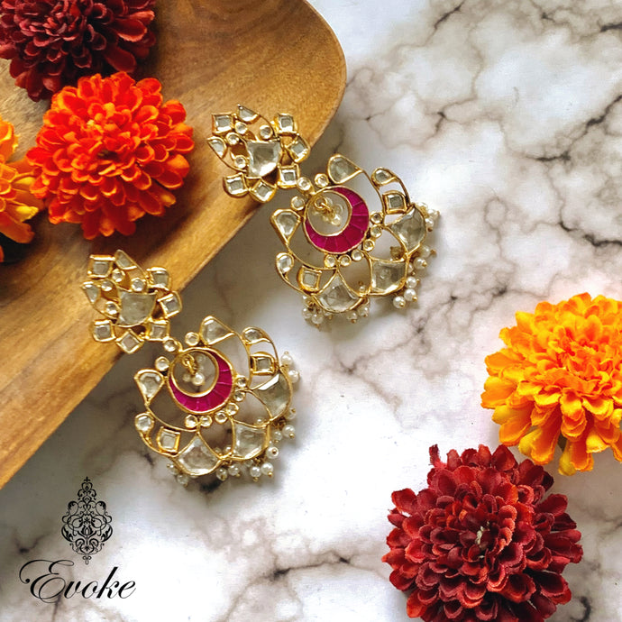 Gold Plated Fuchsia  Pearl Drop Flower Chandbaali Earring