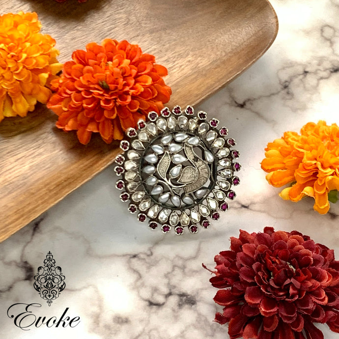 Kundan and Garnet Statement Ring with Bird Motif