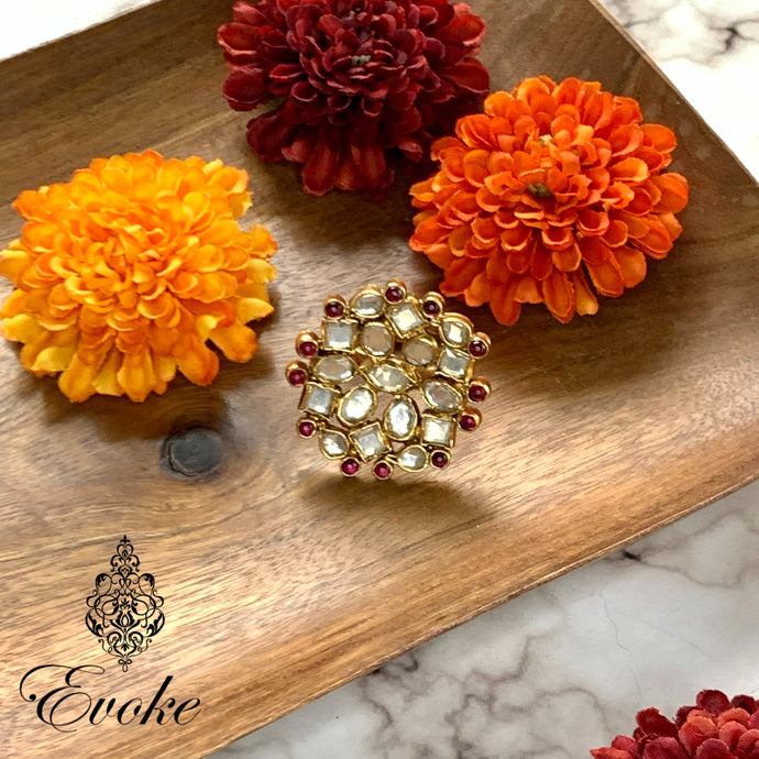 Gold Plated Kundan & Garnet Ring