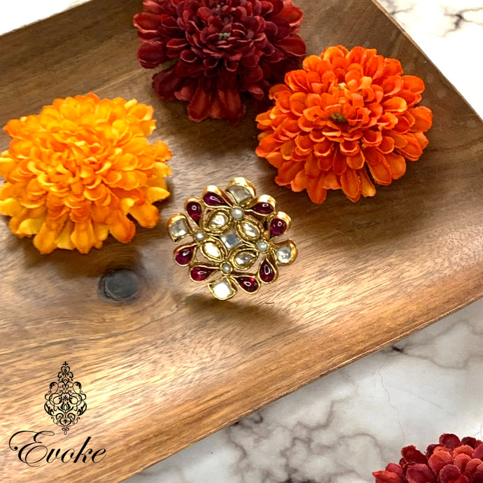 Gold Plated Kundan & Garnet Ring